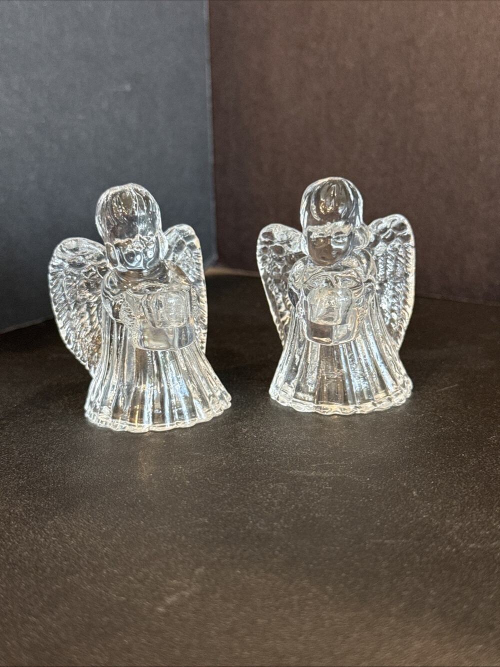 Pair Mini Clear Glass Angel Mini Candle Holders 2” Christmas Decor Vintage